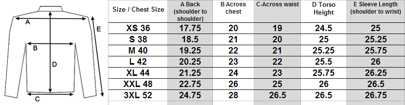 Size Chart for Grand Prix Jacket